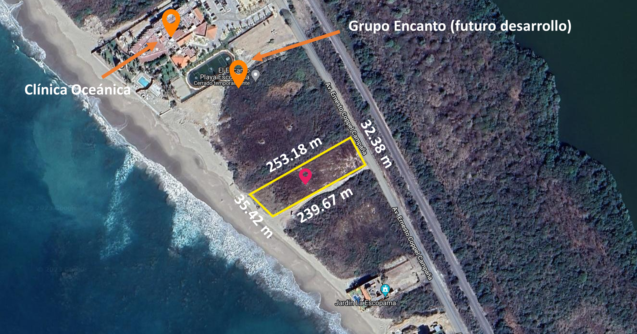 Lot for sale with 116 ft of beachfront in El Delfin Beach in Mazatlan.